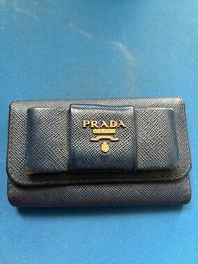 Prada Navy Saffiano Leather Bow Key and Card Wallet with Gold Logo